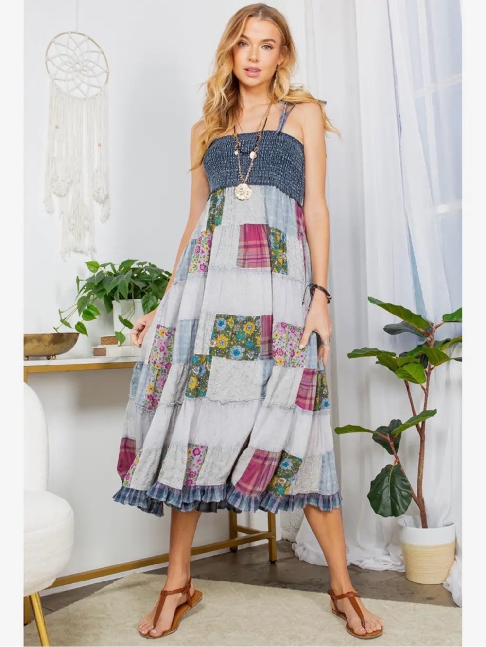 NWT Young Threads Patchwork Boho Smocked Midi Dress Blue Floral Cottagecore Fes - Picture 12 of 16